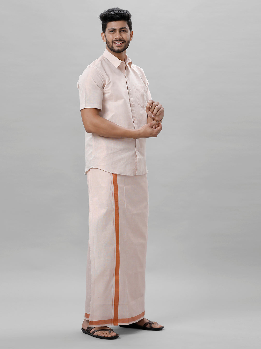 Like Father Like Son Tissue Jari Half Sleeves Shirt Dhoti Combo Sankalpam Copper