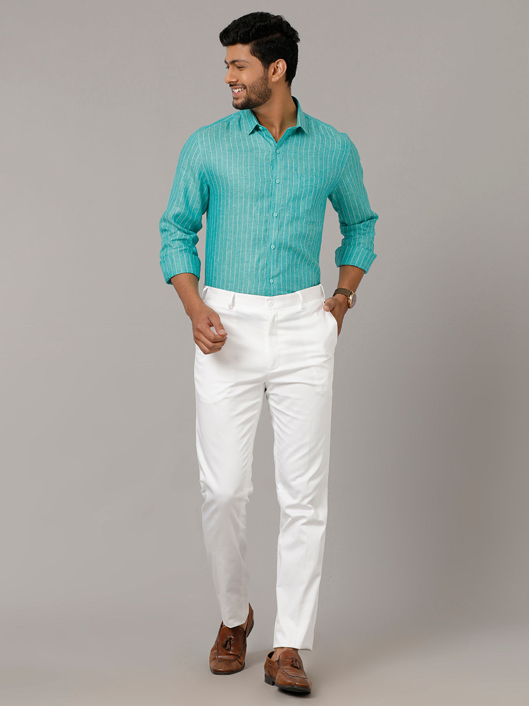Mens Trim Fit Cotton White Pants Smart Stretch-Full view