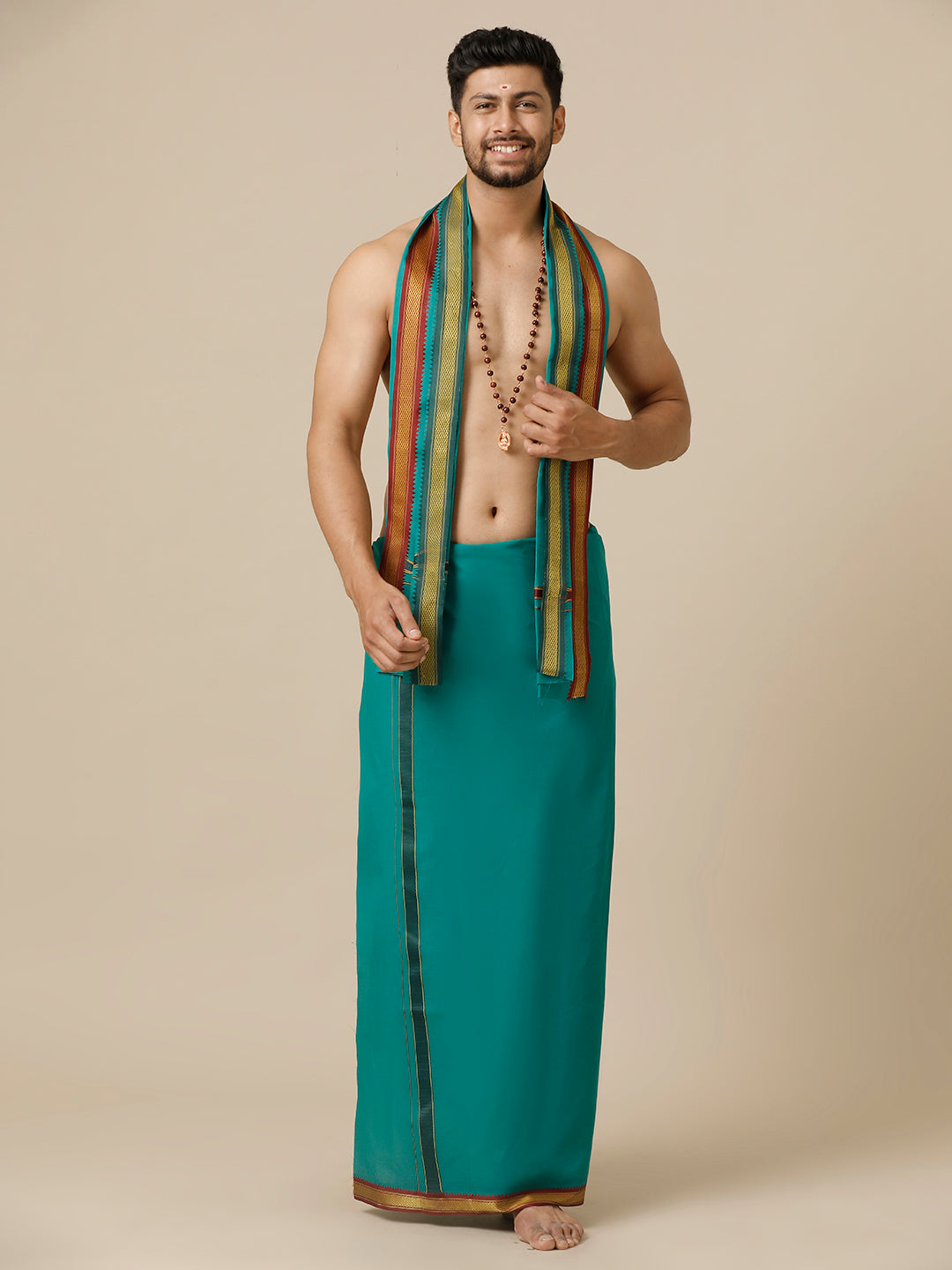Men 100% Cotton Single Layer Green Dhoti with Mayilkhan Border Brindhavan
