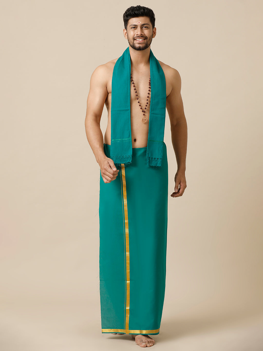 Men Cotton Blend Single Layer Green Dhoti with Gold Jari Border Cosmic 11