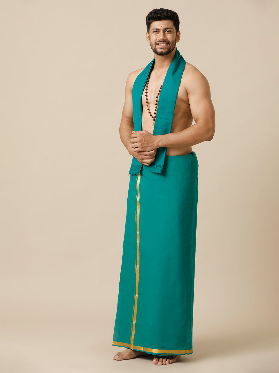 Men Cotton Blend Single Layer Green Dhoti with Gold Jari Border Cosmic 11