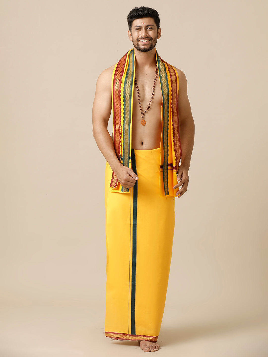 Men 100% Cotton Single Layer Mango Dhoti with Mayilkhan Border Brindhavan