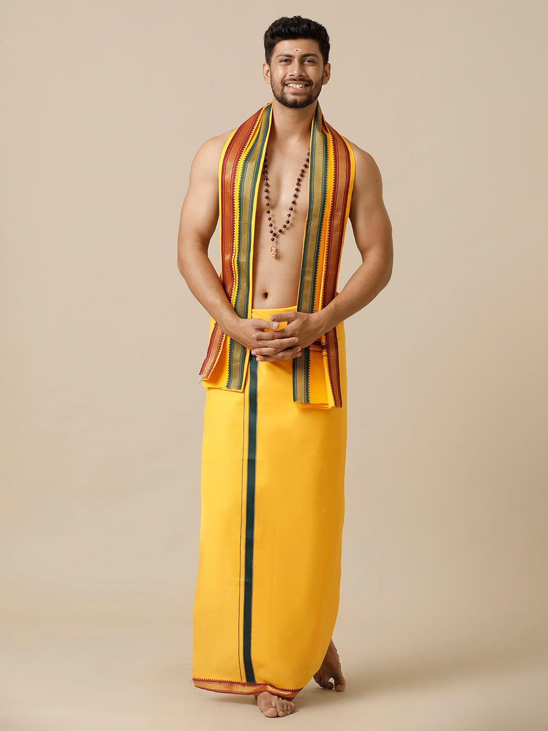 Men 100% Cotton Single Layer Mango Dhoti with Mayilkhan Border Brindhavan