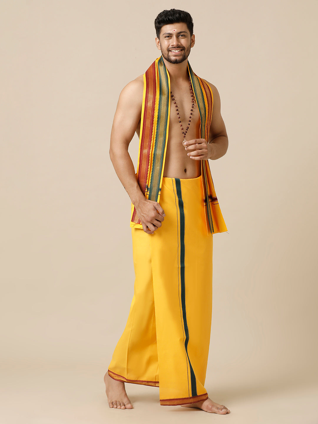 Men 100% Cotton Single Layer Mango Dhoti with Mayilkhan Border Brindhavan