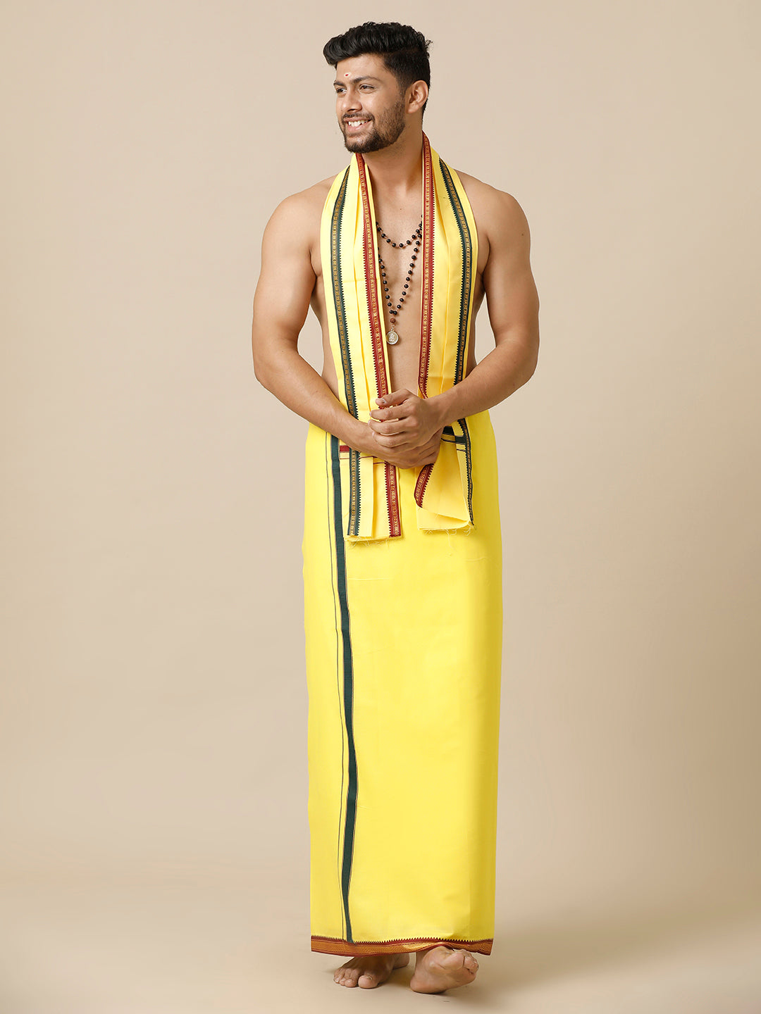 Men 100% Cotton Single Layer Yellow Dhoti with Mayilkhan Border Brindhavan