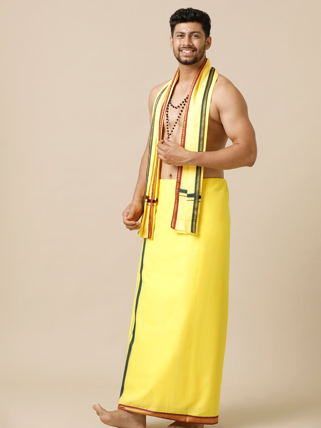 Men 100% Cotton Single Layer Yellow Dhoti with Mayilkhan Border Brindhavan