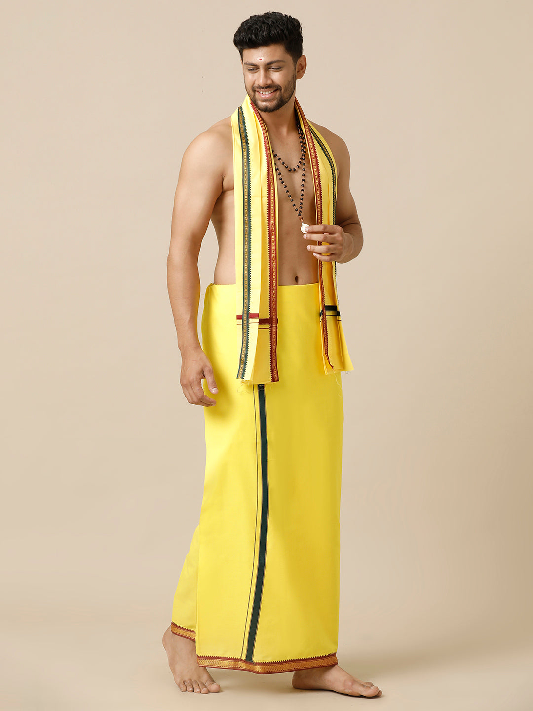 Men 100% Cotton Single Layer Yellow Dhoti with Mayilkhan Border Brindhavan