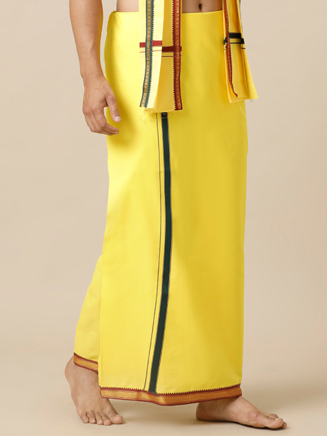 Men 100% Cotton Single Layer Yellow Dhoti with Mayilkhan Border Brindhavan