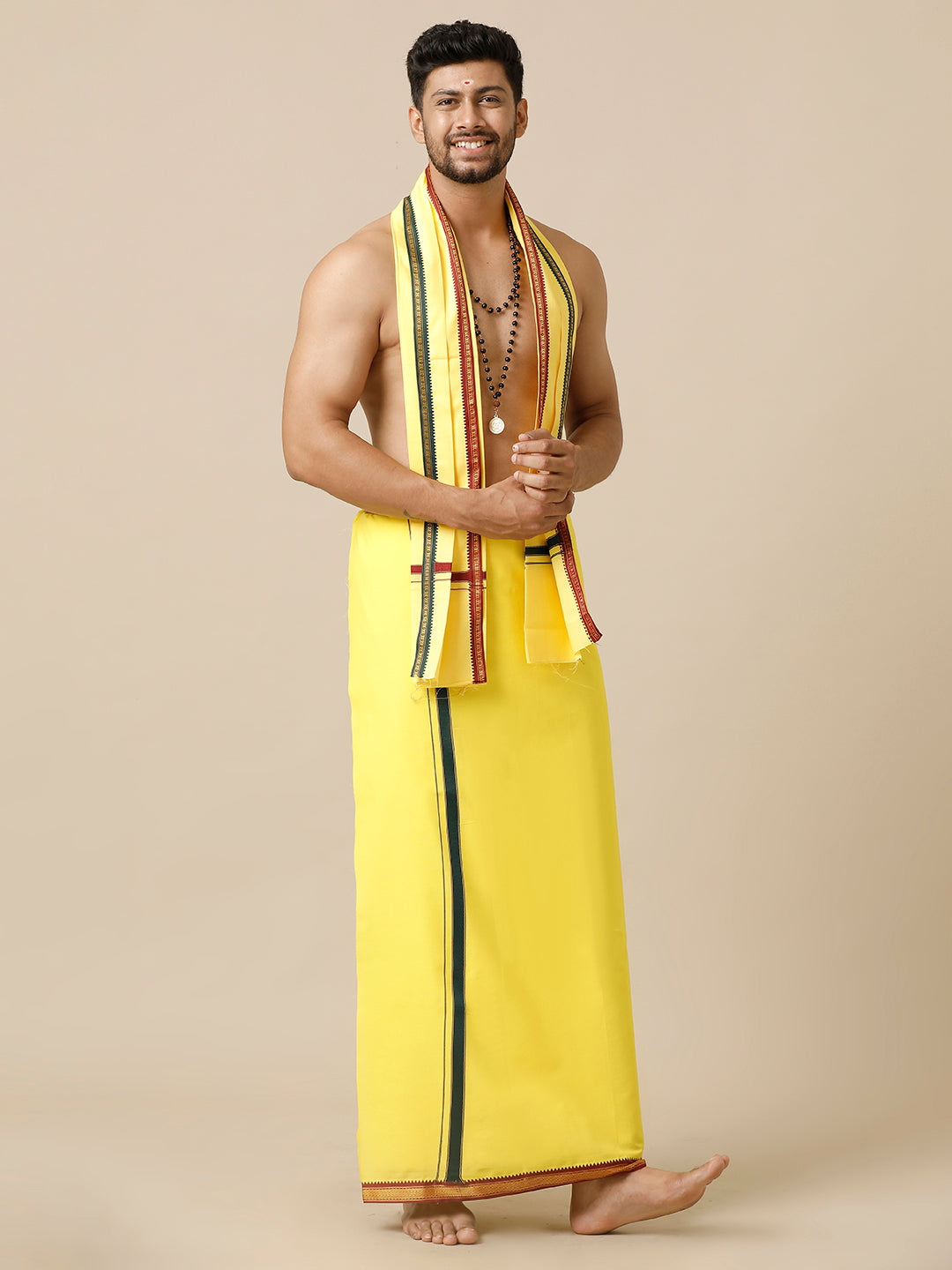Men 100% Cotton Single Layer Yellow Dhoti with Mayilkhan Border Brindhavan