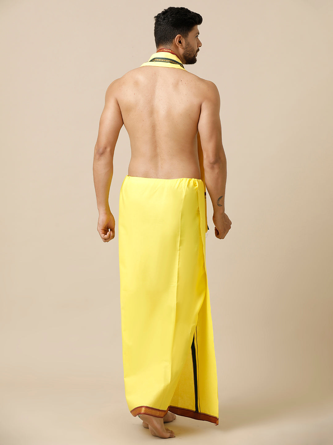 Men 100% Cotton Single Layer Yellow Dhoti with Mayilkhan Border Brindhavan