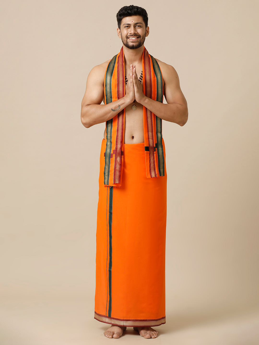 Men 100% Cotton Single Layer Orange Dhoti with Mayilkhan Border Brindhavan
