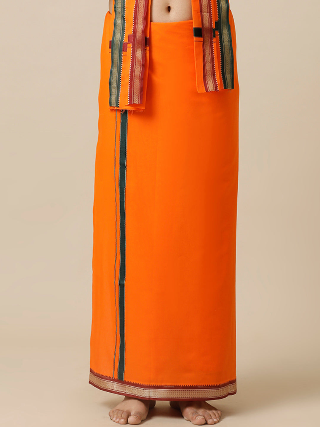 Men 100% Cotton Single Layer Orange Dhoti with Mayilkhan Border Brindhavan