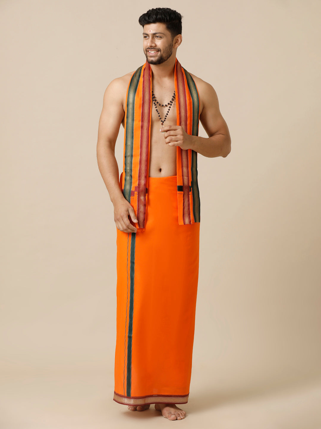 Men 100% Cotton Single Layer Orange Dhoti with Mayilkhan Border Brindhavan