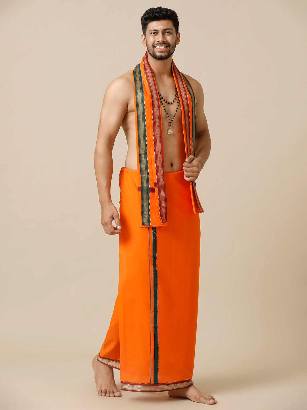 Men 100% Cotton Single Layer Orange Dhoti with Mayilkhan Border Brindhavan