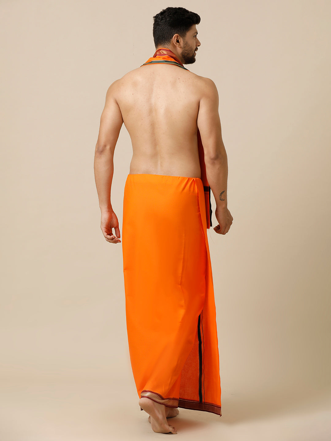 Men 100% Cotton Single Layer Orange Dhoti with Mayilkhan Border Brindhavan