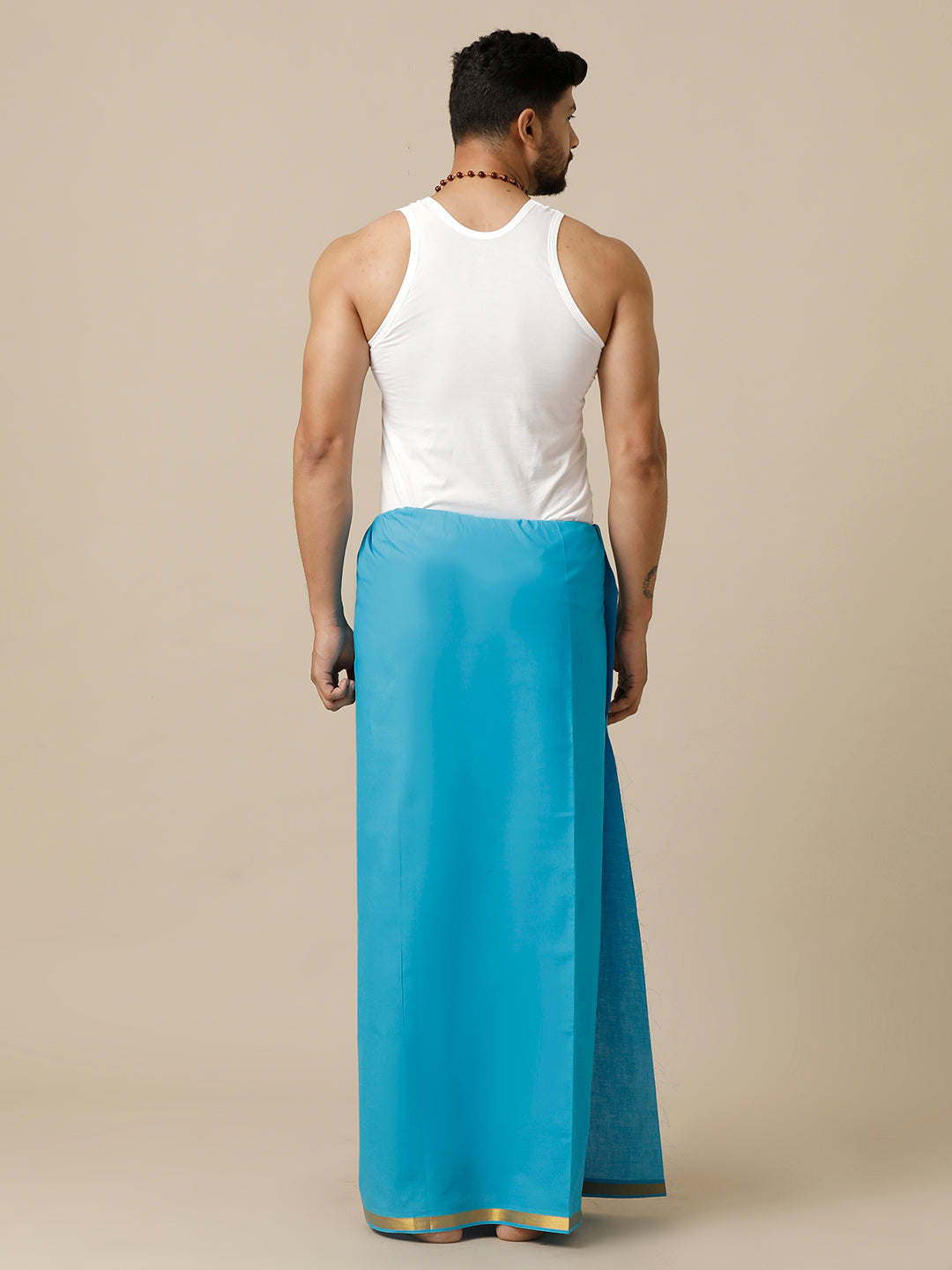 Men Cotton Blend Single Layer Blue Dhoti with Gold Jari Border Cosmic 8