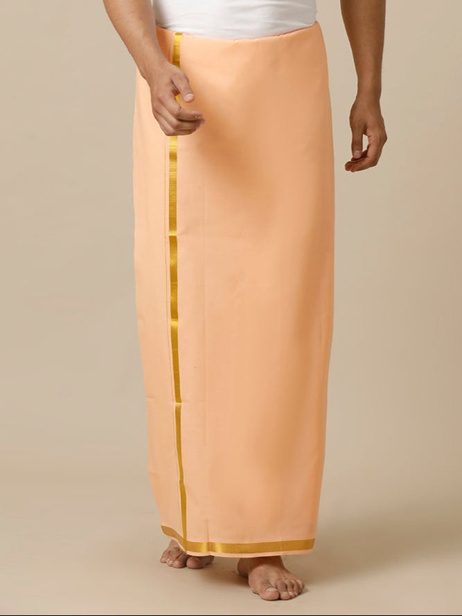 Men Cotton Blend Single Layer Peach Dhoti with Gold Jari Border Cosmic 6