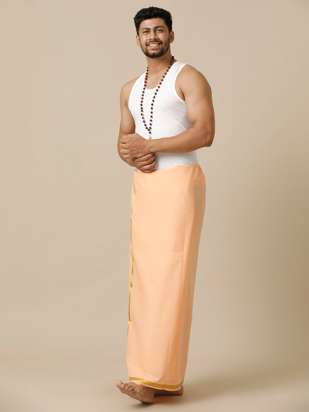 Men Cotton Blend Single Layer Peach Dhoti with Gold Jari Border Cosmic 6
