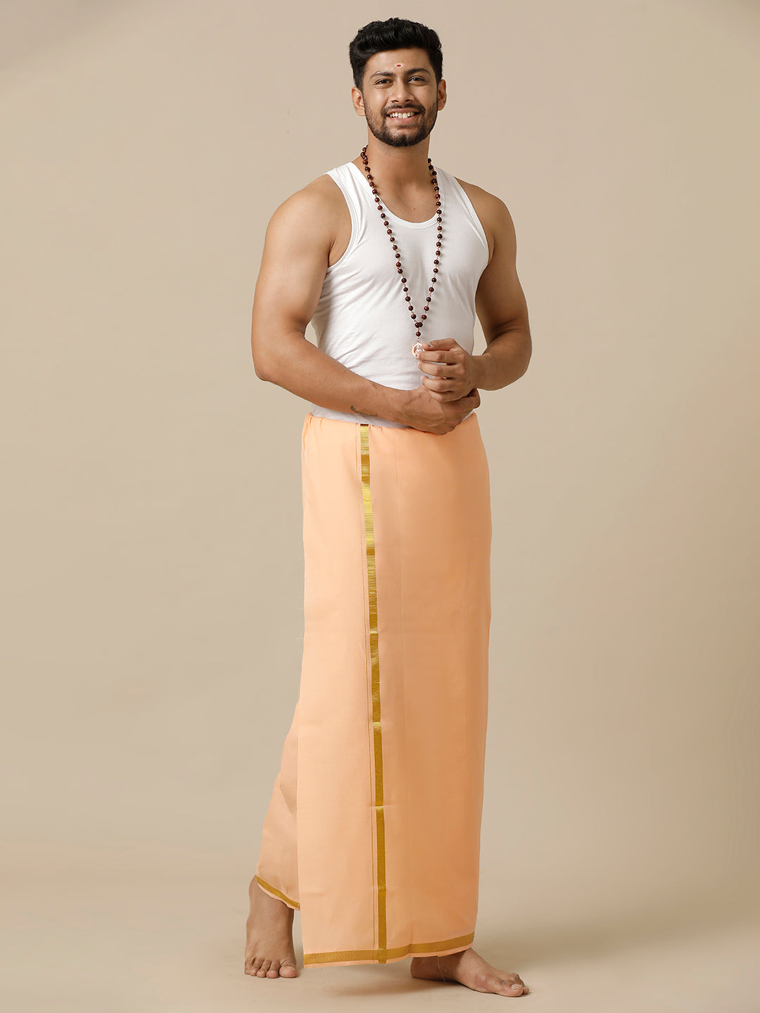 Men Cotton Blend Single Layer Peach Dhoti with Gold Jari Border Cosmic 6