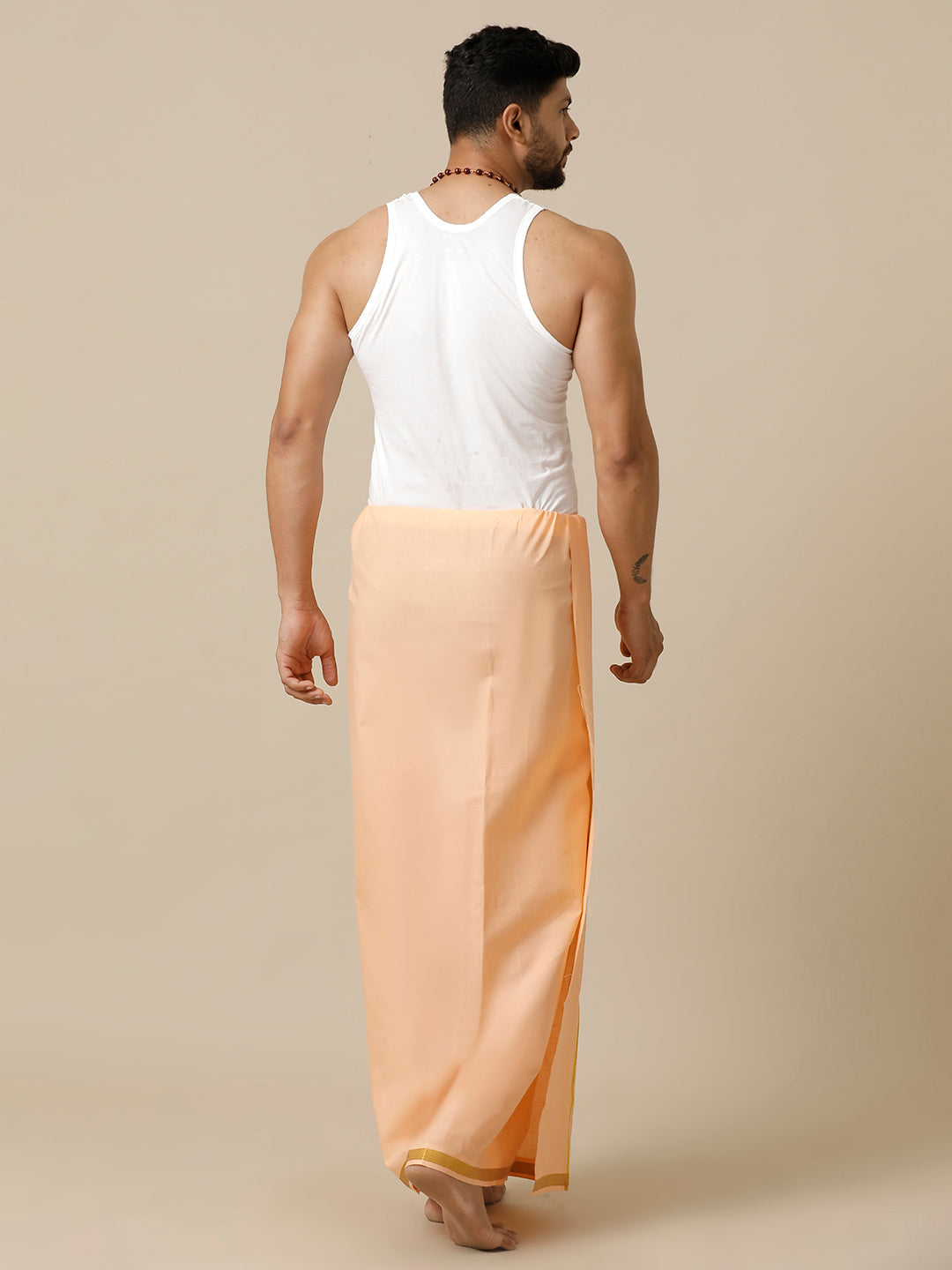 Men Cotton Blend Single Layer Peach Dhoti with Gold Jari Border Cosmic 6