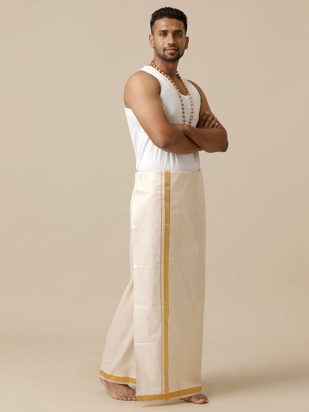 Men Tissue Single Layer Gold Dhoti with Jari Border Smart Hero