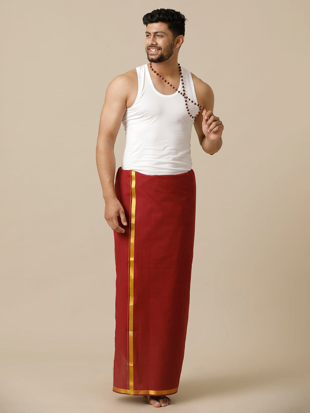 Men Cotton Blend Single Layer Maroon Dhoti with Gold Jari Border Cosmic 15
