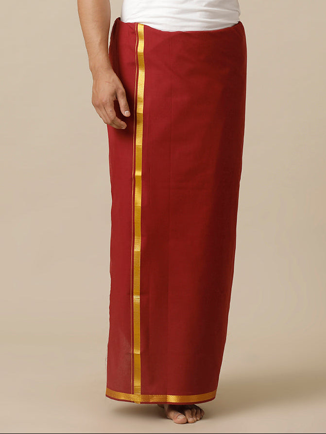 Men Cotton Blend Single Layer Maroon Dhoti with Gold Jari Border Cosmic 15