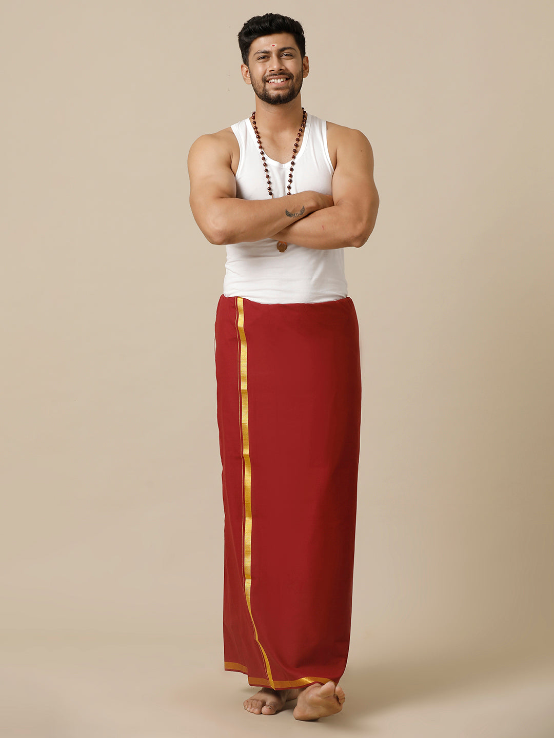 Men Cotton Blend Single Layer Maroon Dhoti with Gold Jari Border Cosmic 15