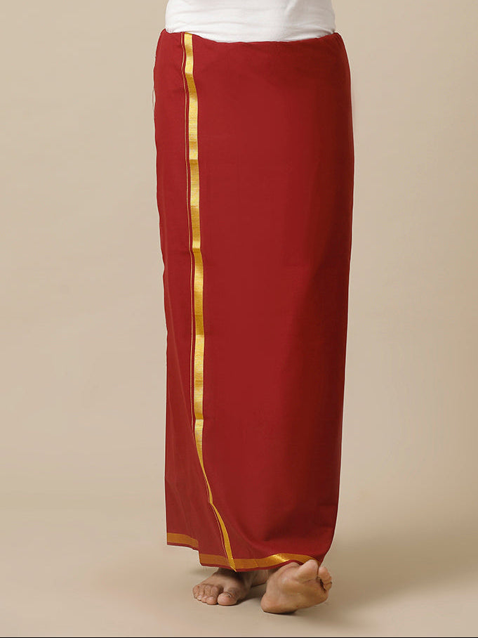 Men Cotton Blend Single Layer Maroon Dhoti with Gold Jari Border Cosmic 15