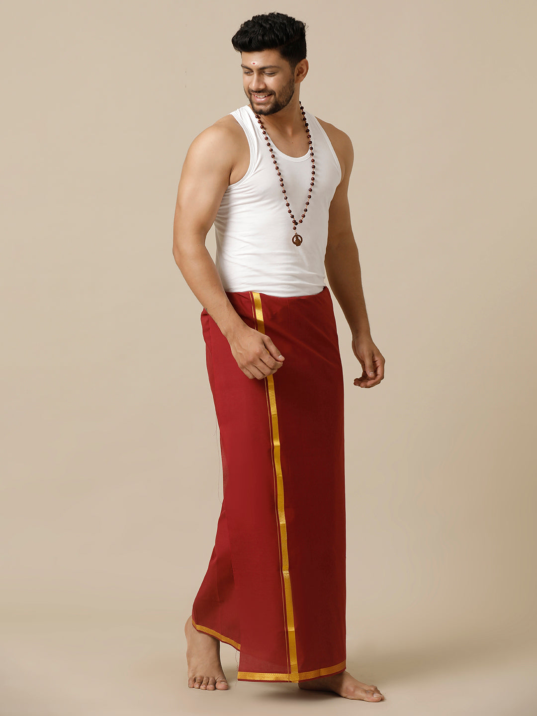 Men Cotton Blend Single Layer Maroon Dhoti with Gold Jari Border Cosmic 15