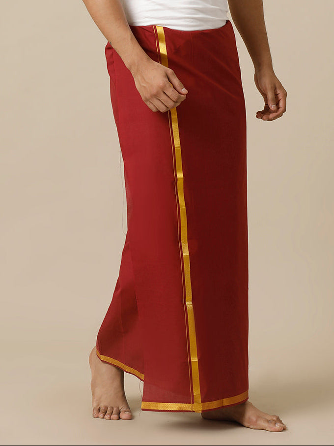 Men Cotton Blend Single Layer Maroon Dhoti with Gold Jari Border Cosmic 15