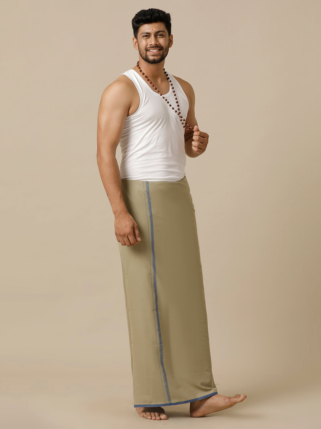 Men Cotton Blend Single Layer Olive Grey Dhoti with Assorted Border Enrich Colour 15