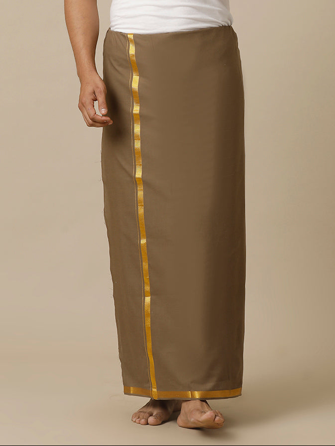 Men Cotton Blend Single Layer Brown Dhoti with Gold Jari Border Cosmic 12