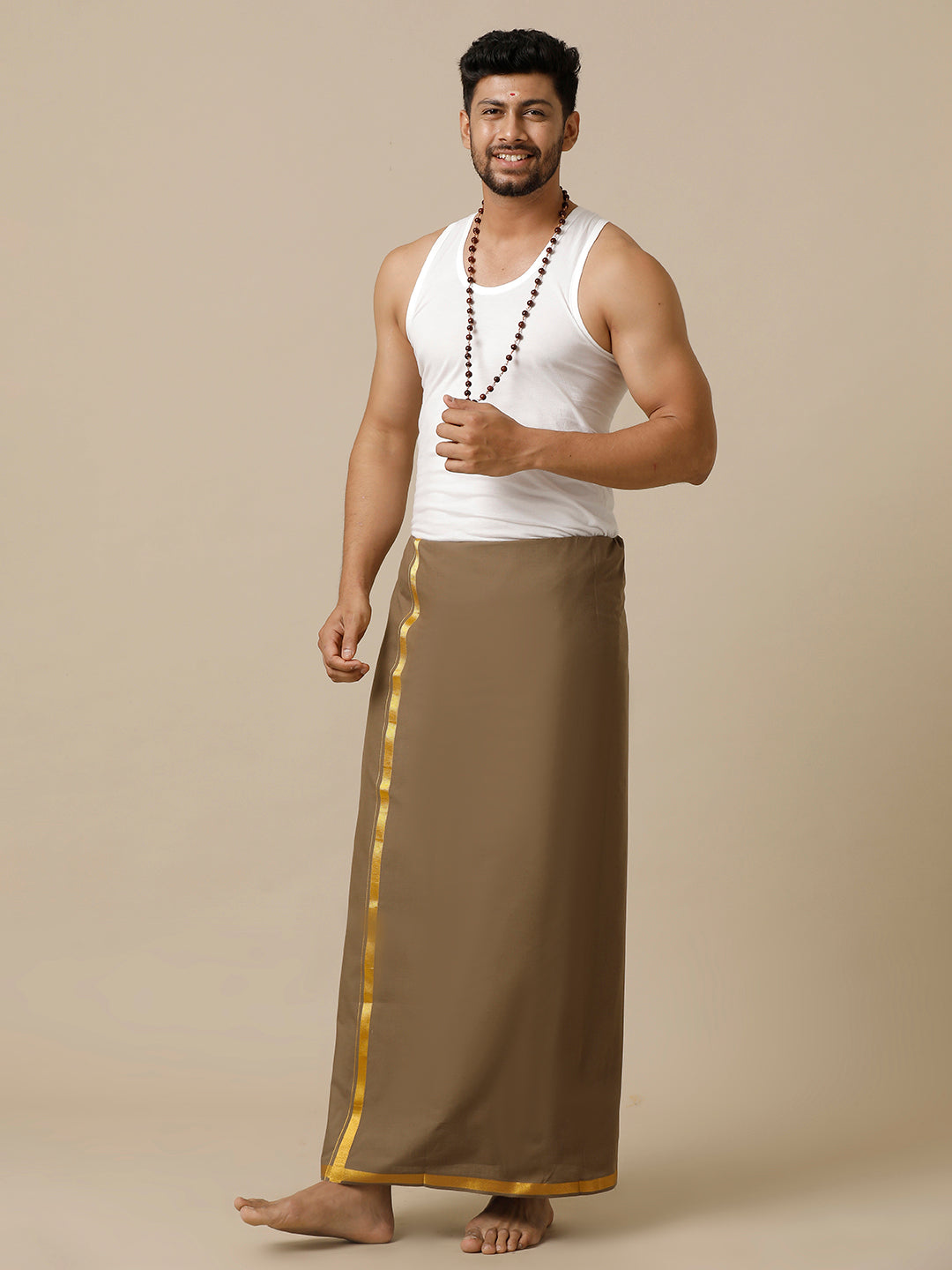 Men Cotton Blend Single Layer Brown Dhoti with Gold Jari Border Cosmic 12