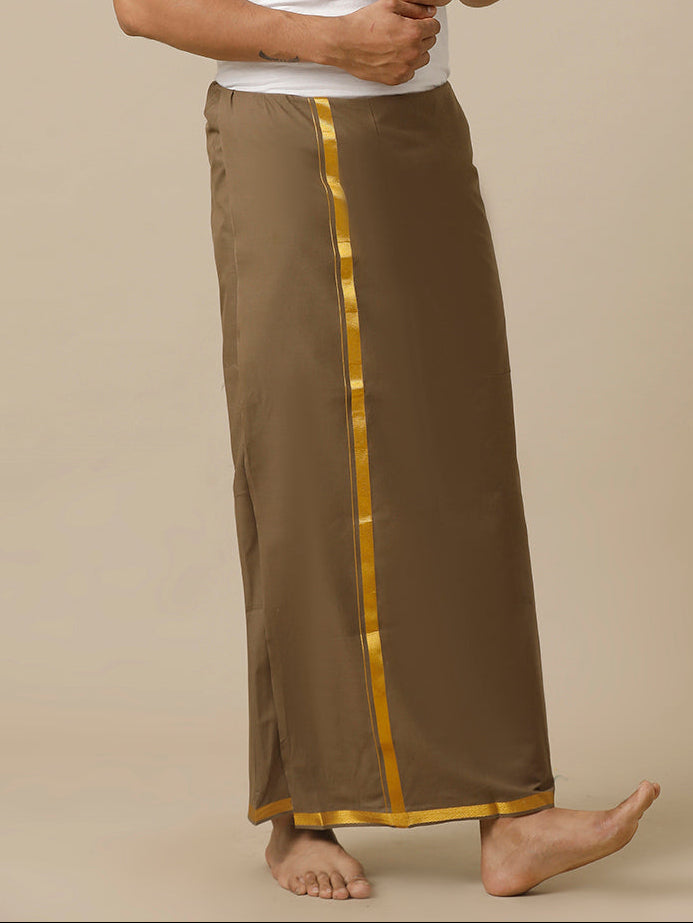 Men Cotton Blend Single Layer Brown Dhoti with Gold Jari Border Cosmic 12