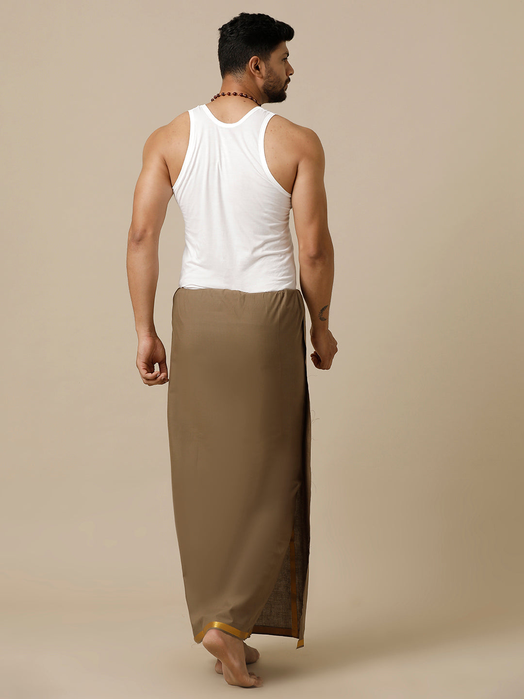 Men Cotton Blend Single Layer Brown Dhoti with Gold Jari Border Cosmic 12