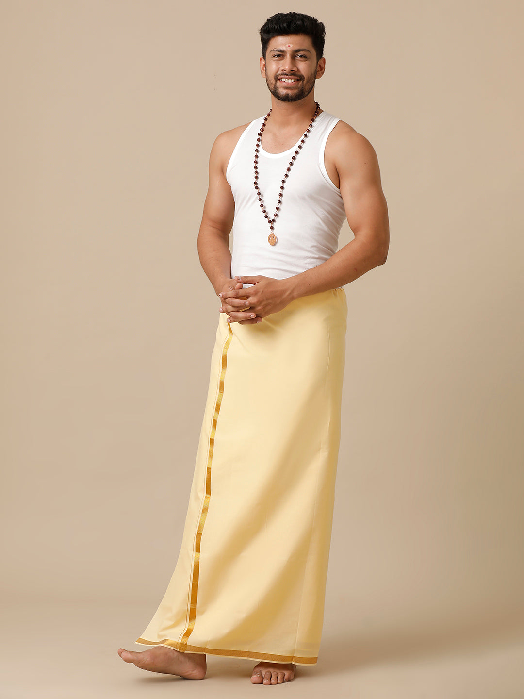 Men Cotton Blend Single Layer Sandal Dhoti with Gold Jari Border Cosmic 7