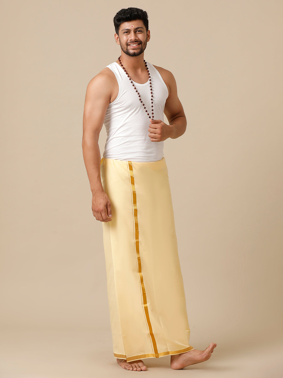 Men Cotton Blend Single Layer Sandal Dhoti with Gold Jari Border Cosmic 7