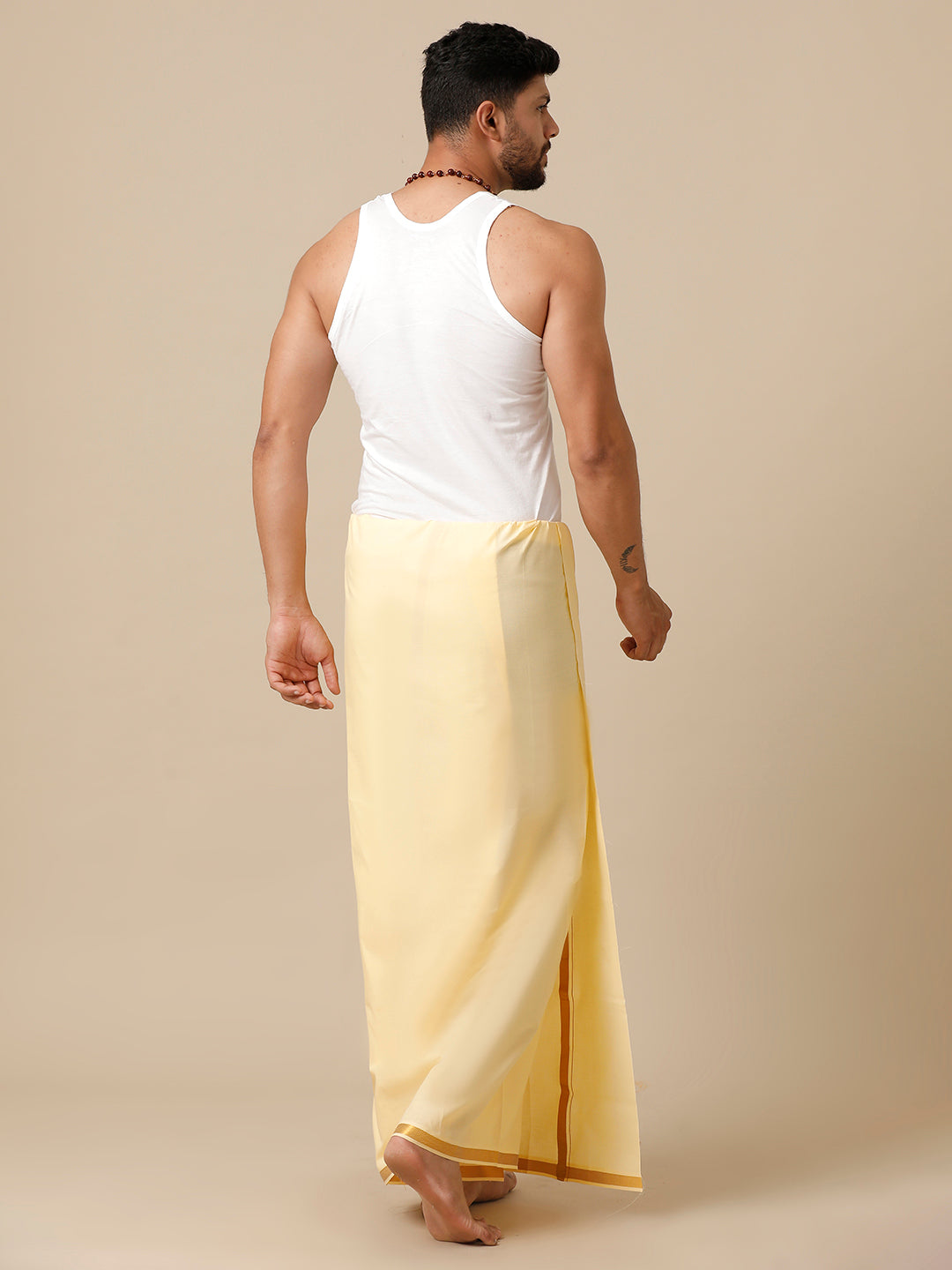 Men Cotton Blend Single Layer Sandal Dhoti with Gold Jari Border Cosmic 7