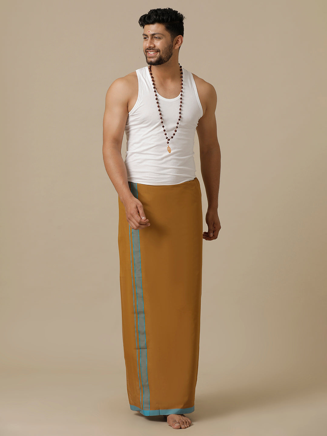 Men 100% Cotton Single Layer Mustard Dhoti with Assorted Border Ahimsa
