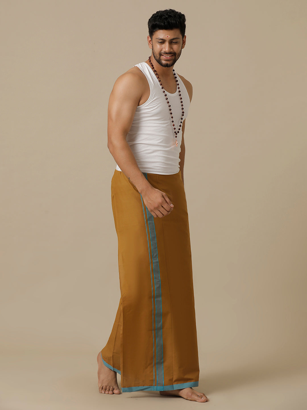 Men 100% Cotton Single Layer Mustard Dhoti with Assorted Border Ahimsa