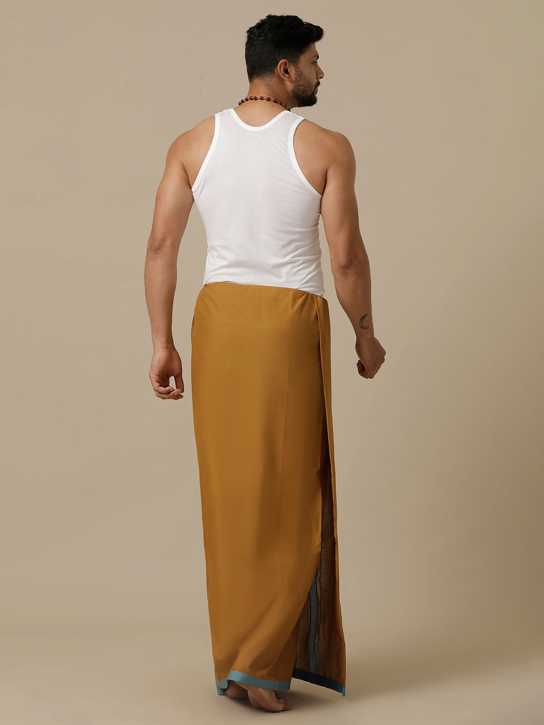 Men 100% Cotton Single Layer Mustard Dhoti with Assorted Border Ahimsa