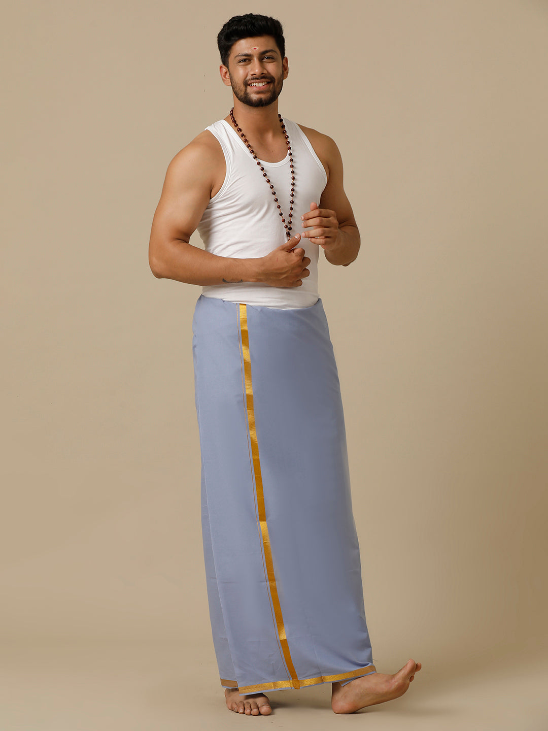 Men Cotton Blend Single Layer Blue Dhoti with Gold Jari Border Cosmic 14