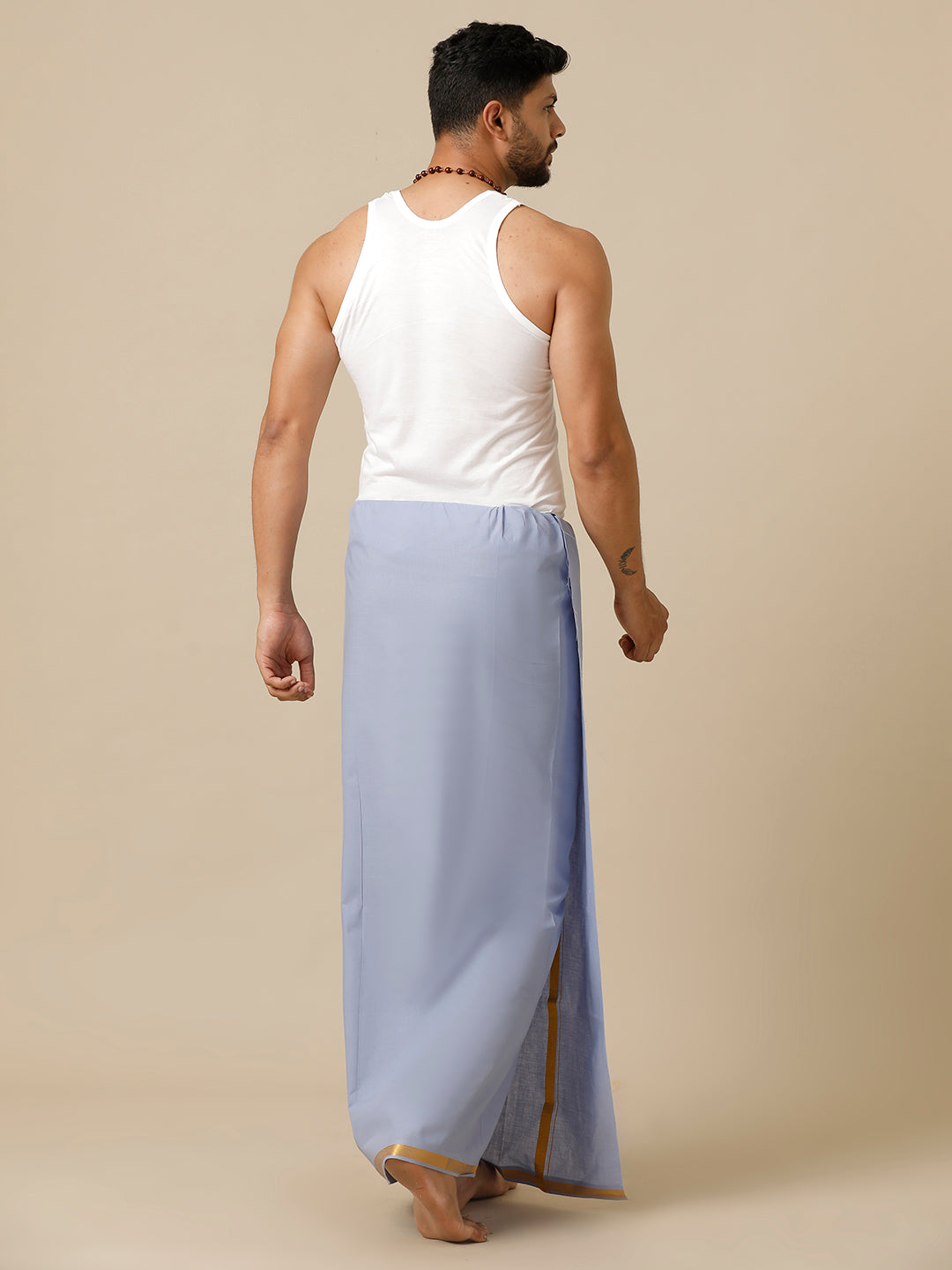 Men Cotton Blend Single Layer Blue Dhoti with Gold Jari Border Cosmic 14
