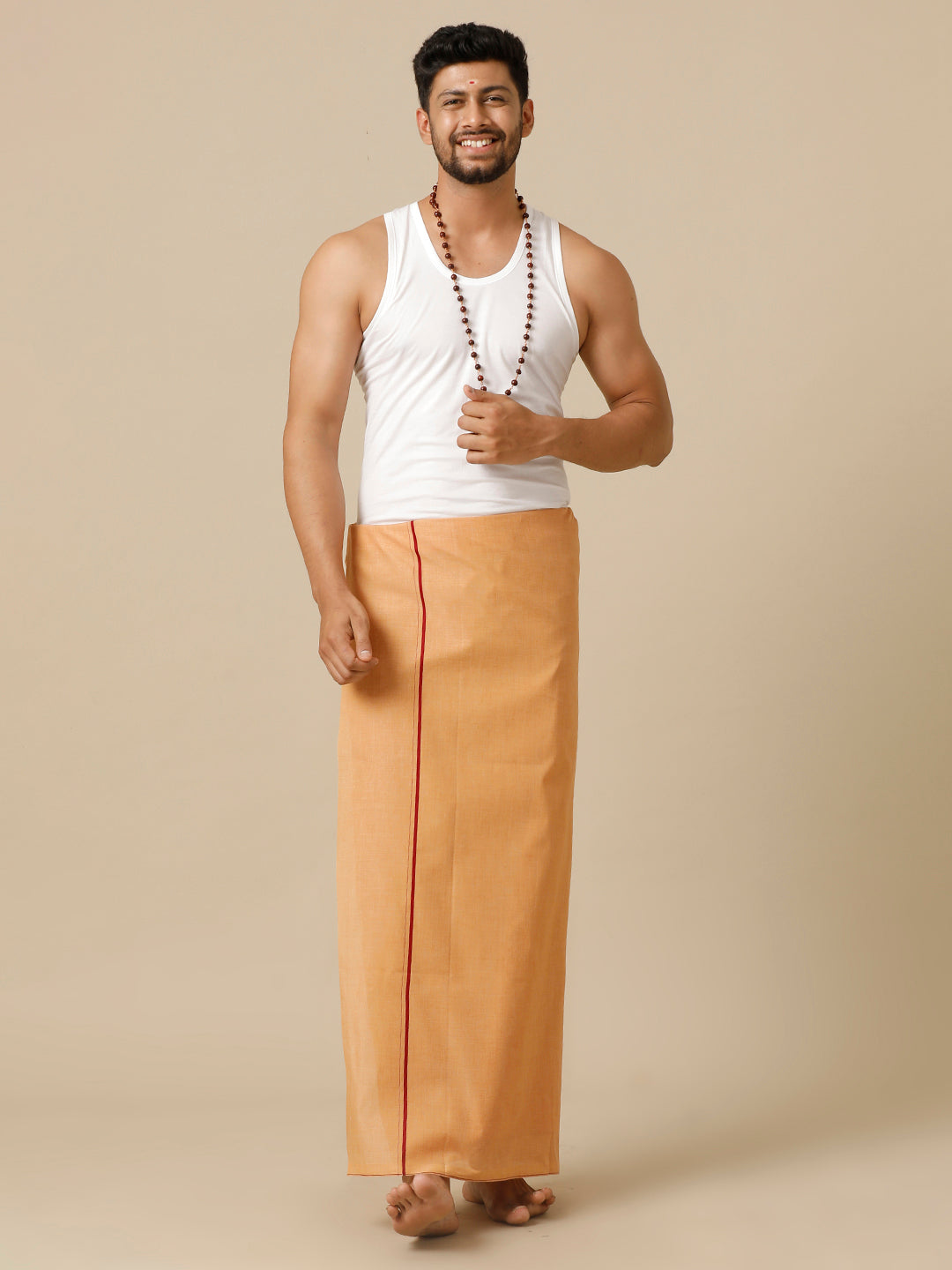 Men Cotton Blend Single Layer Kaavi Dhoti with Small Border