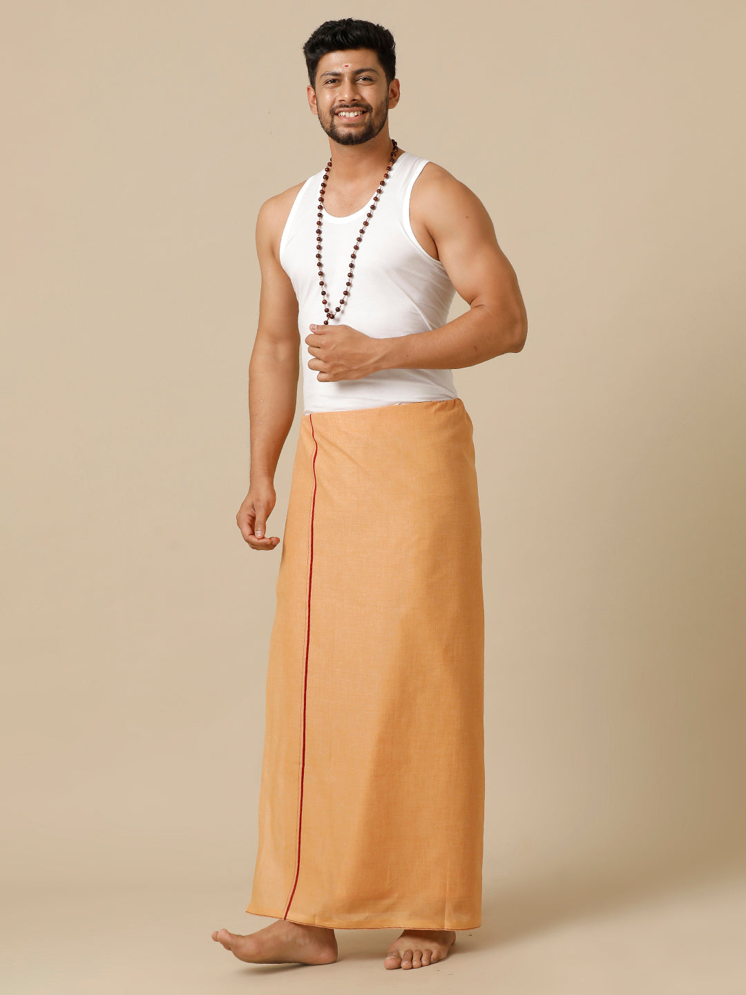 Men Cotton Blend Single Layer Kaavi Dhoti with Small Border