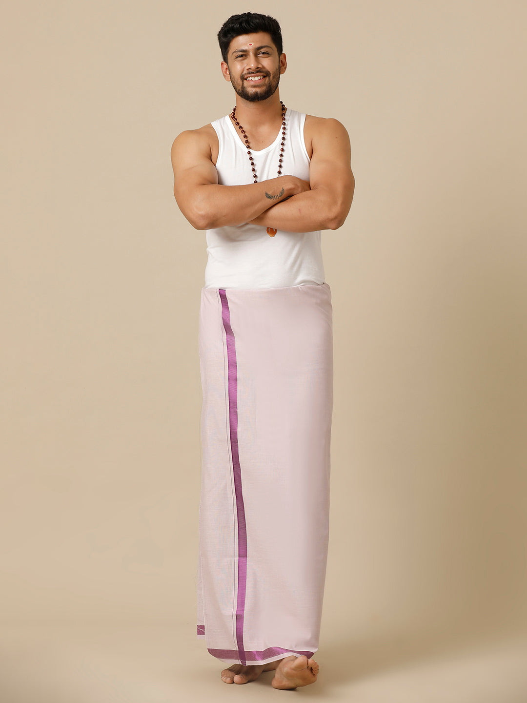 Men Tissue Single Layer Purple Dhoti with Big Border Extreme