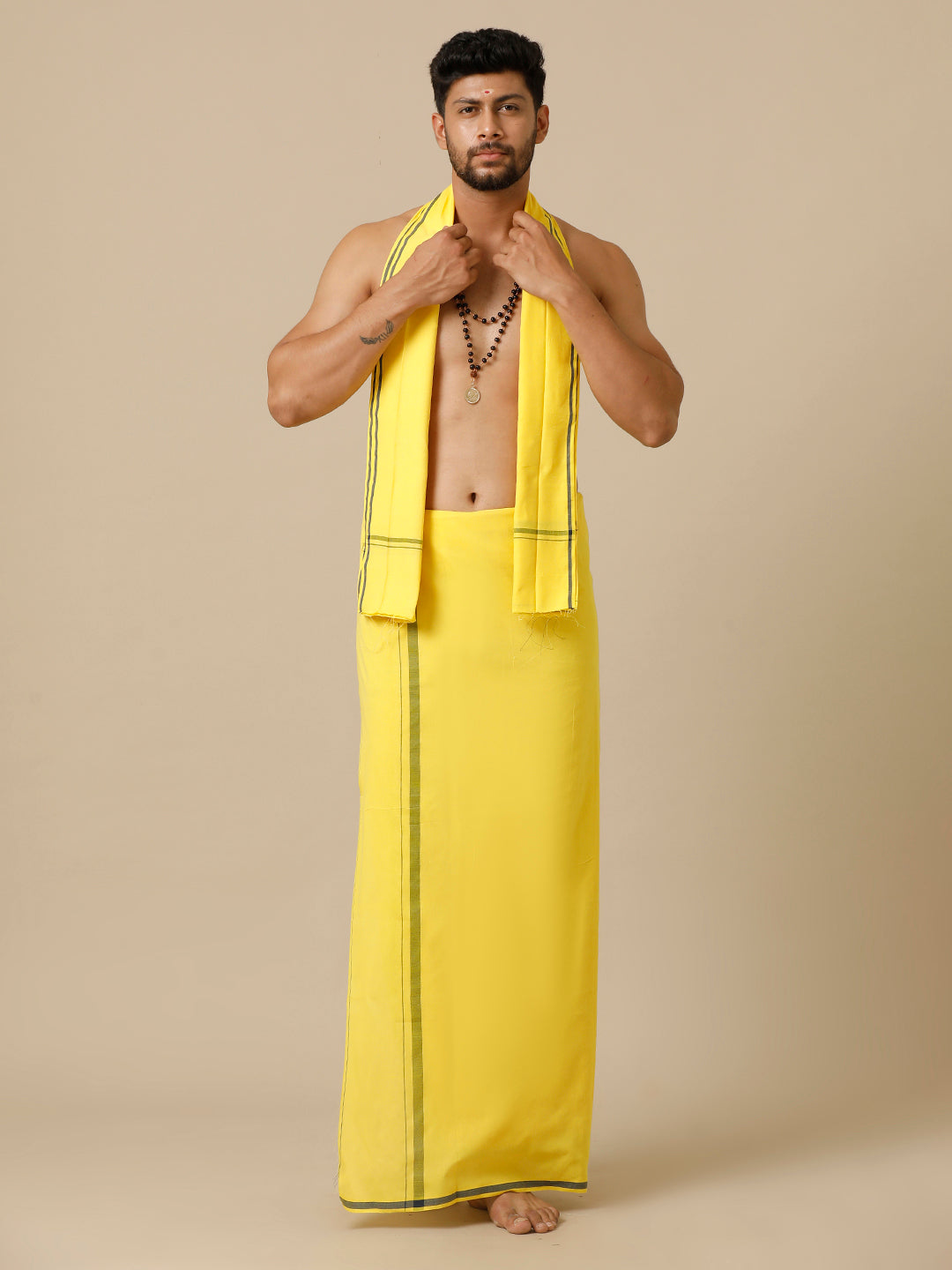Mens Devotional Dhoti & Towel Combo Makara Jyoti Yellow