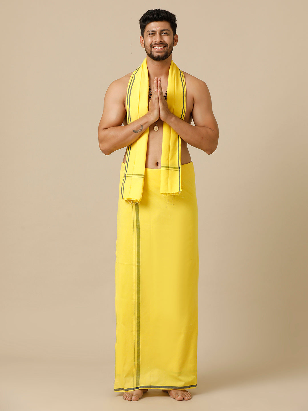 Mens Devotional Dhoti & Towel Combo Makara Jyoti Yellow