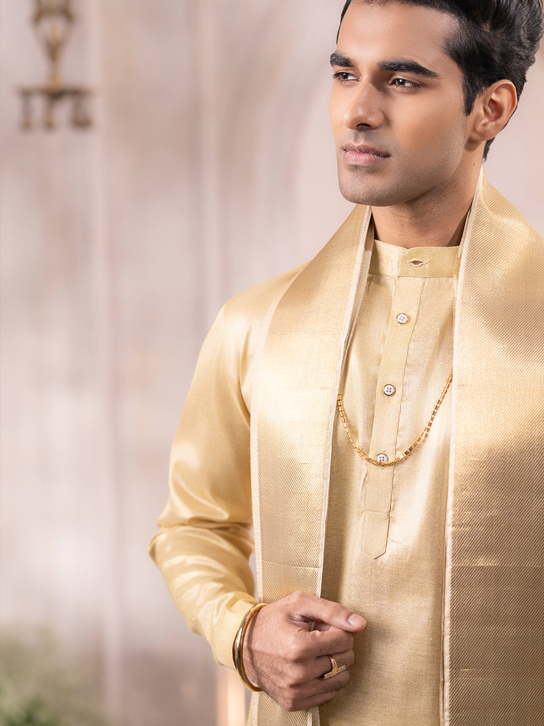 Pure Silk 4½" Fawn Dhoti & Towel Wedding Set – Amirtham Half Fine Jari Self-Weave Design